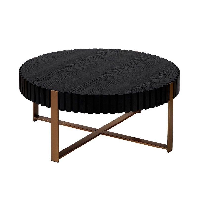 Doğal Ahşap ve Siyah MDF Paslanmaz Çelik Kaideli Tambur Tasarımlı Yuvarlak Orta Sehpa - 81 cm - 241758