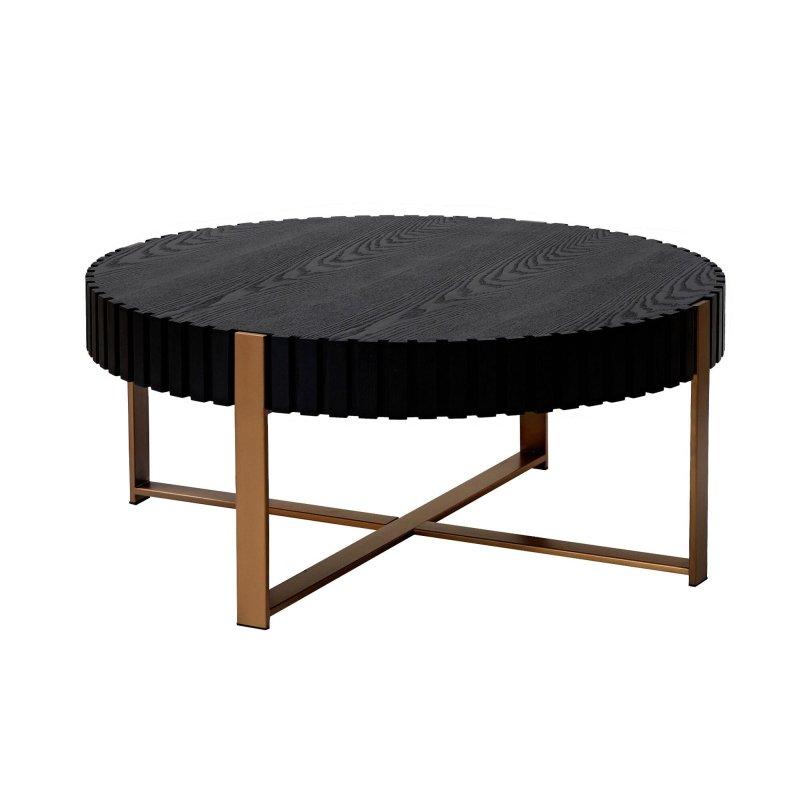 Doğal Ahşap ve Siyah MDF Paslanmaz Çelik Kaideli Tambur Tasarımlı Yuvarlak Orta Sehpa - 81 cm - 241758