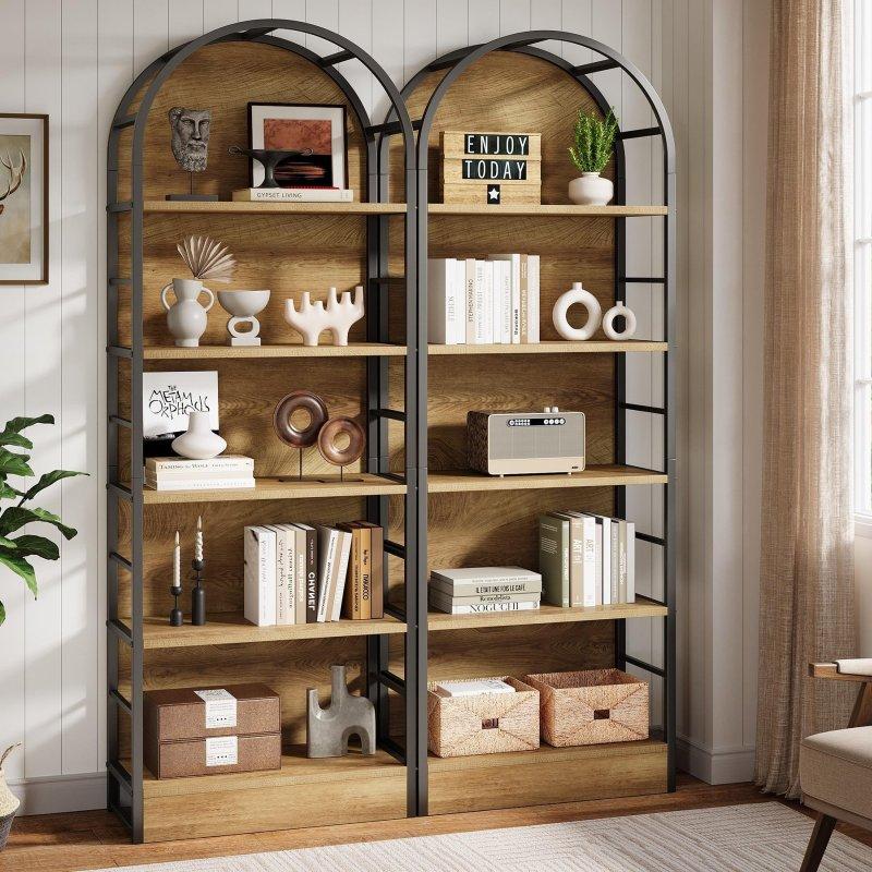 Doğal Ahşap ve Siyah Metal Kemerli 5 Raflı Endüstriyel Kitaplık - 60x30x181 cm - 312664