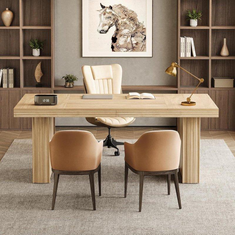 Doğal Ahşap Yivli Ayaklı Metal Destekli Ofis Masası - 161 cm - 326851