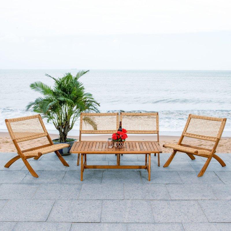 Doğal Akasya Ağacı ve Rattan Detaylı 5 Parça Bahçe Takımı - 275601