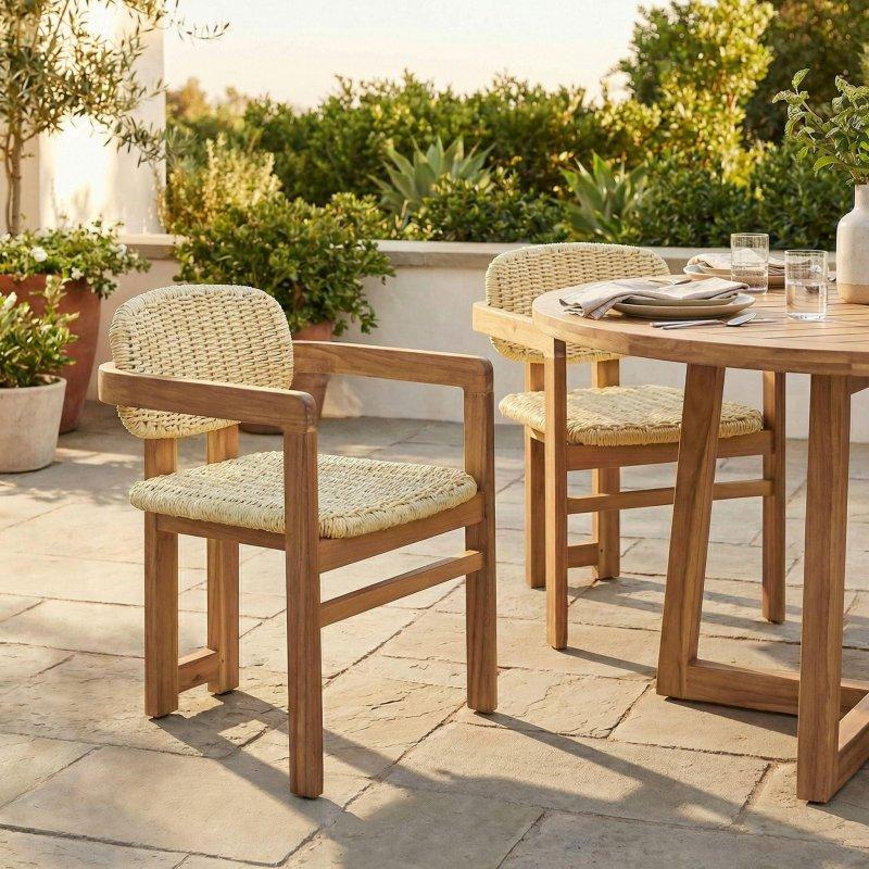 Doğal Akasya Ahşap Kolçaklı 2li Rattan Sandalye Seti - 251654