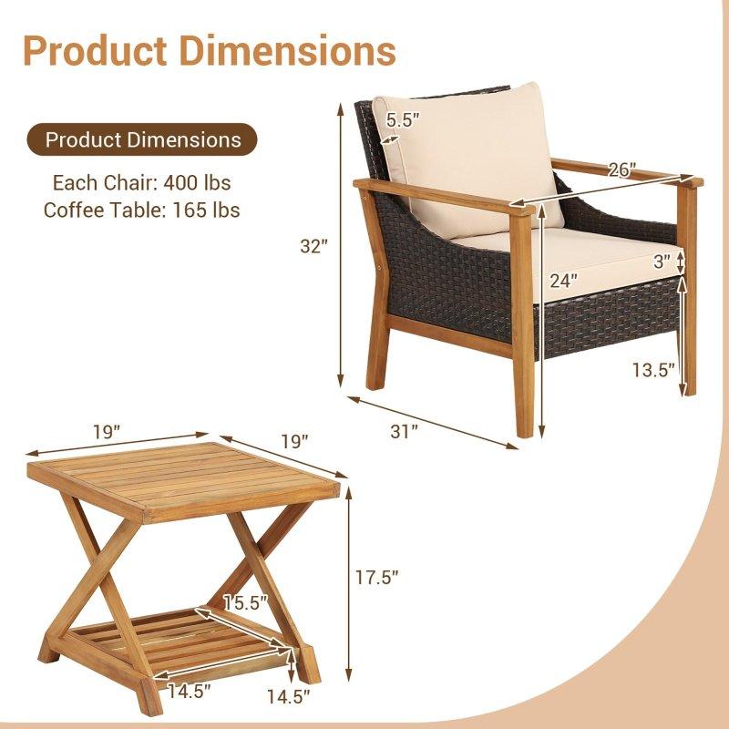 Doğal Akasya Ahşap ve Kahverengi Rattan Minderli 3 Parça Bahçe Takımı - 271632