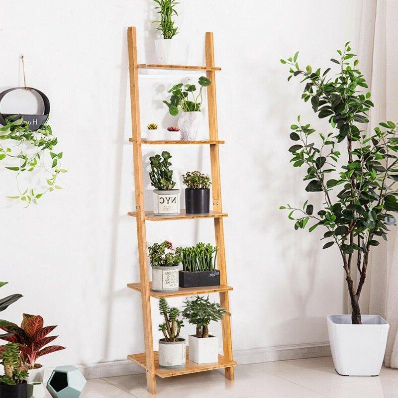 Doğal Bambu 5 Raflı Duvara Dayanan Merdiven Kitaplık - 44x36x166 cm - 318013
