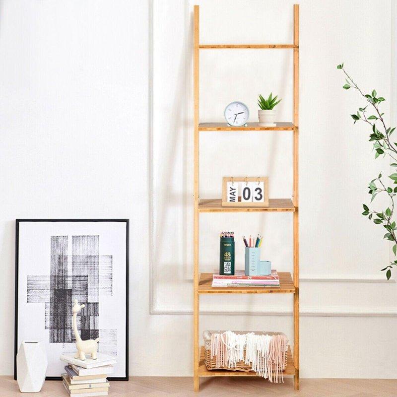Doğal Bambu 5 Raflı Duvara Dayanan Merdiven Kitaplık - 44x36x166 cm - 318013