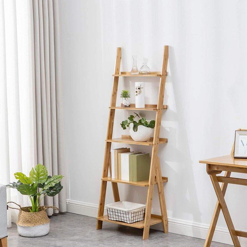 Doğal Bambu 5 Raflı Merdiven Tasarım Kitaplık - 54x32x151 cm - 317129