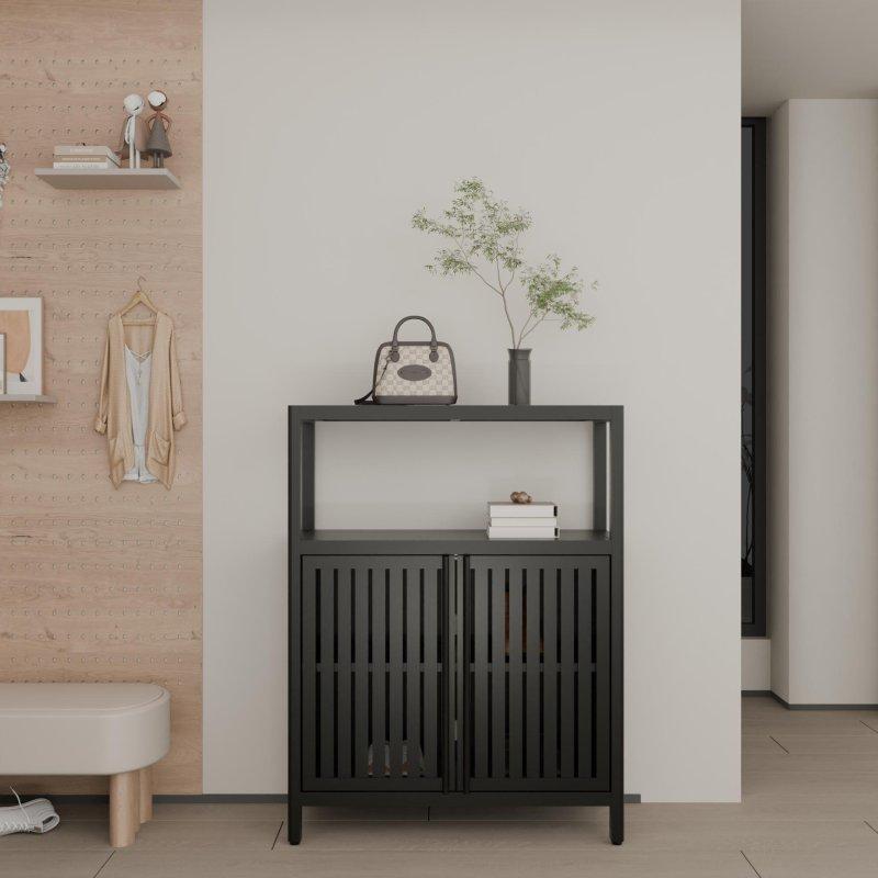 Doğal Bambu Çift Kapaklı Açık Raflı Ayaklı Çok Amaçlı Banyo Dolabı - 63x28x82 cm - 333947