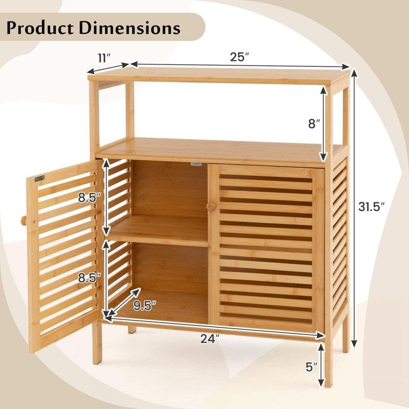Doğal Bambu Çift Panjurlu Kapaklı Açık Raflı Çok Amaçlı Banyo Dolabı - 64x28x81 cm - 334325