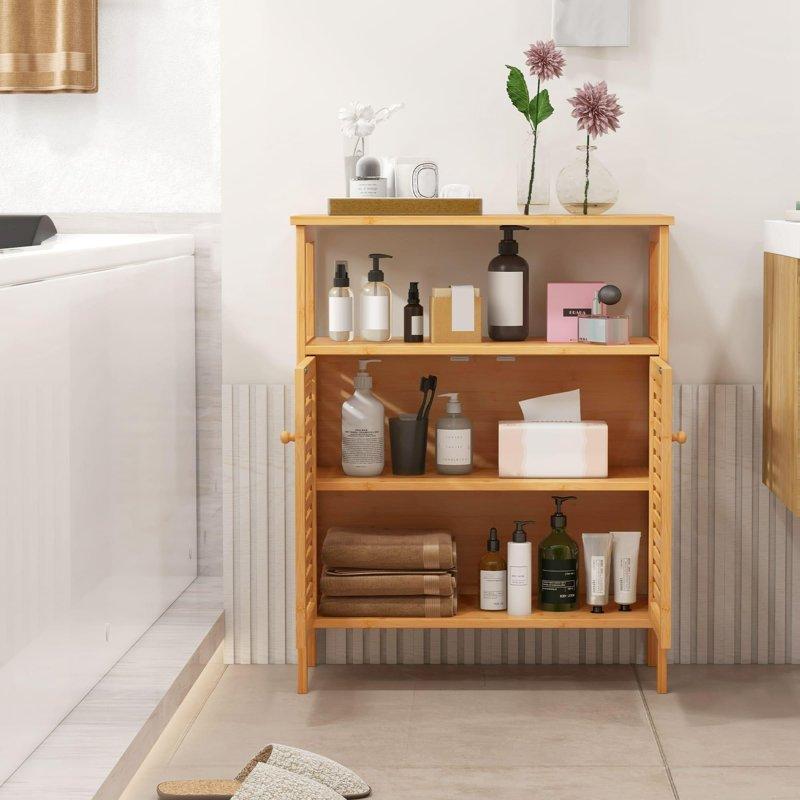 Doğal Bambu Çift Panjurlu Kapaklı Açık Raflı Çok Amaçlı Banyo Dolabı - 64x28x81 cm - 334325