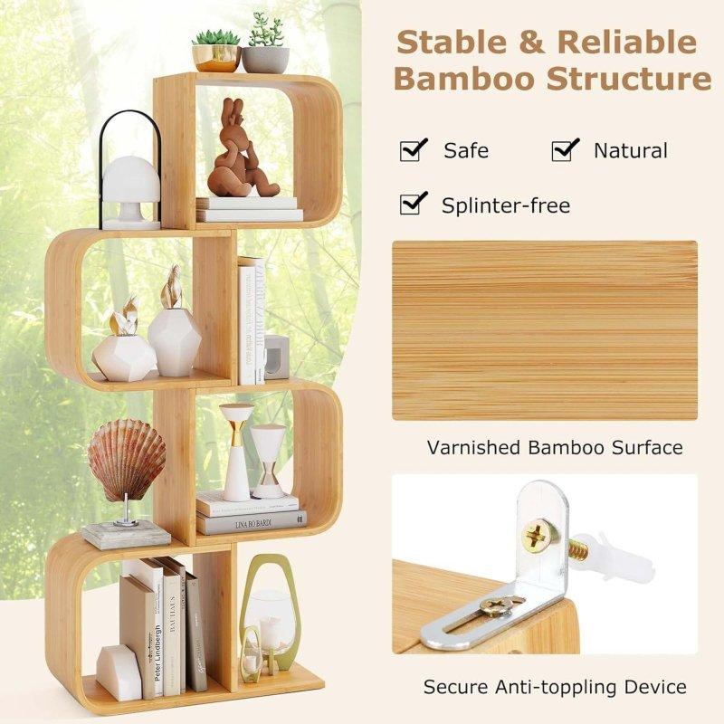 Doğal Bambu S-Şekilli 4 Katlı Geometrik Kitaplık - 61x23x134 cm - 317611