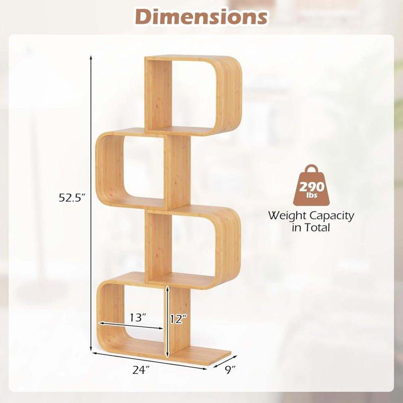 Doğal Bambu S-Şekilli 4 Katlı Geometrik Kitaplık - 61x23x134 cm - 317611