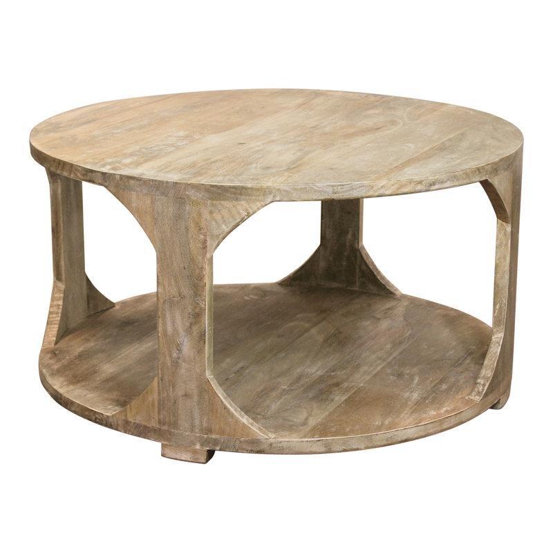 Doğal Bej Masif Mango Ahşap Raflı Eskitme Tasarım Yuvarlak Orta Sehpa - 87x46 cm - 244670