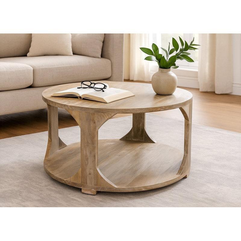 Doğal Bej Masif Mango Ahşap Raflı Eskitme Tasarım Yuvarlak Orta Sehpa - 87x46 cm - 244670