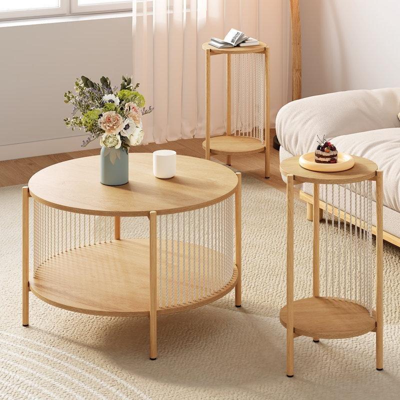 Doğal Bitki Lifi Halatlı El Örgüsü 3lü MDF Yuvarlak Orta Sehpa Seti - 70 cm - 244677