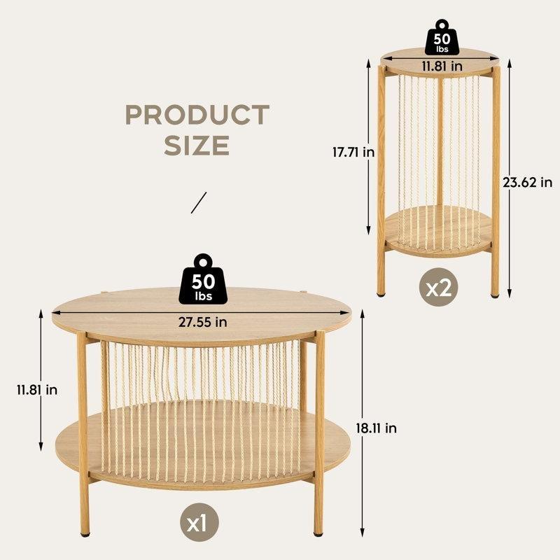 Doğal Bitki Lifi Halatlı El Örgüsü 3lü MDF Yuvarlak Orta Sehpa Seti - 70 cm - 244677