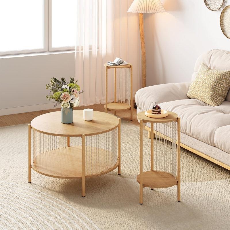 Doğal Bitki Lifi Halatlı El Örgüsü 3lü MDF Yuvarlak Orta Sehpa Seti - 70 cm - 244677
