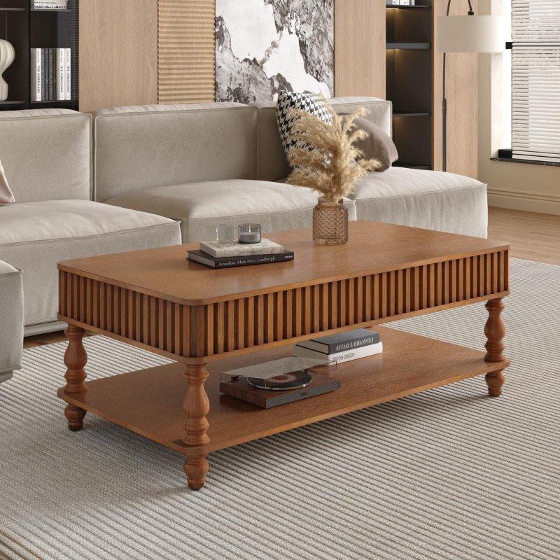 Doğal Çam Kaplama MDF Yivli Asansörlü Gizli Bölmeli Akıllı Sehpa - 120 cm - 254183