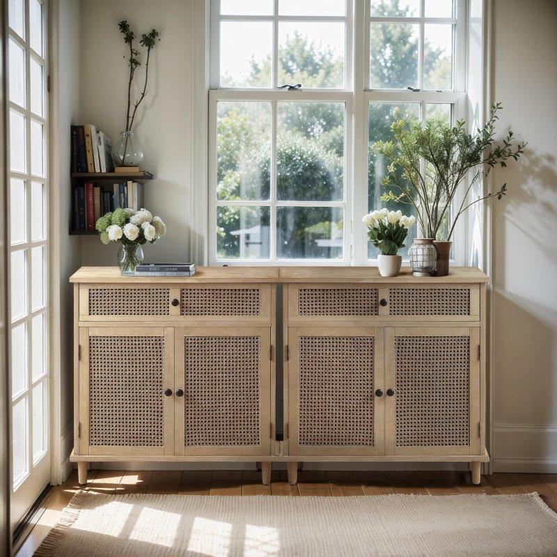 Doğal Çam ve Rattan Çekmeceli Bohem Konsol - 161x81x41 cm - 325099