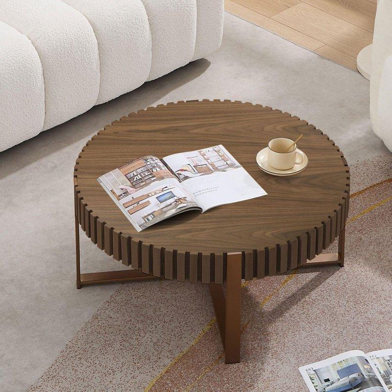 Doğal Dişbudak Dokulu MDF Paslanmaz Çelik Kaideli Yuvarlak Orta Sehpa - 81 cm - 240752
