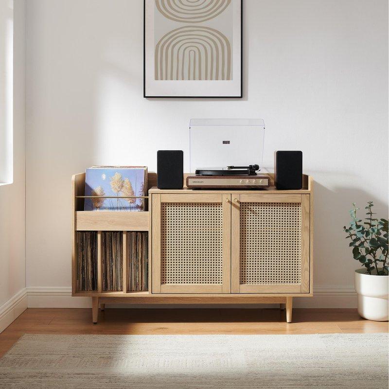 Doğal Dişbudak Rattan Kapaklı Plak Saklama Alanlı Kitaplık - 127x41x79 cm - 316511