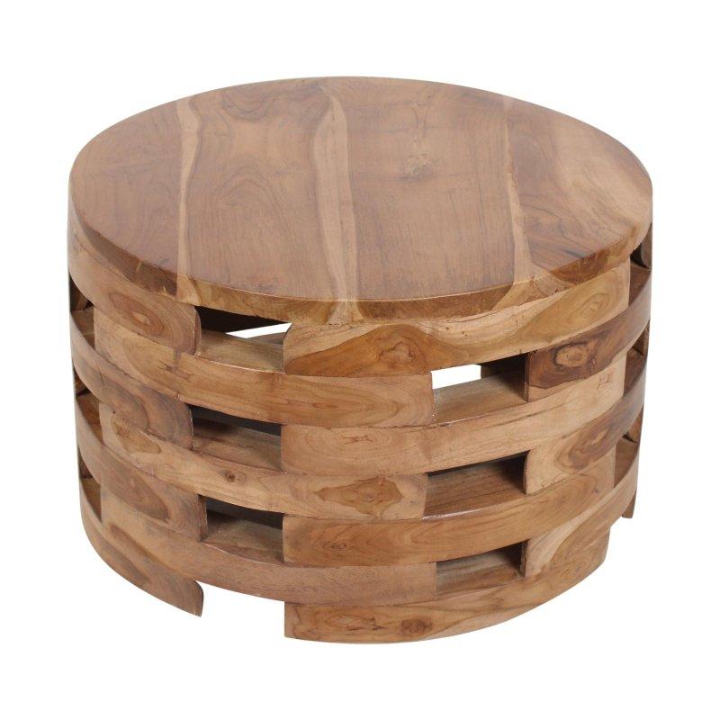 Doğal Kahverengi Masif Tik Ağacı Tambur Tasarım Yuvarlak Orta Sehpa - 61x39 cm - 241747