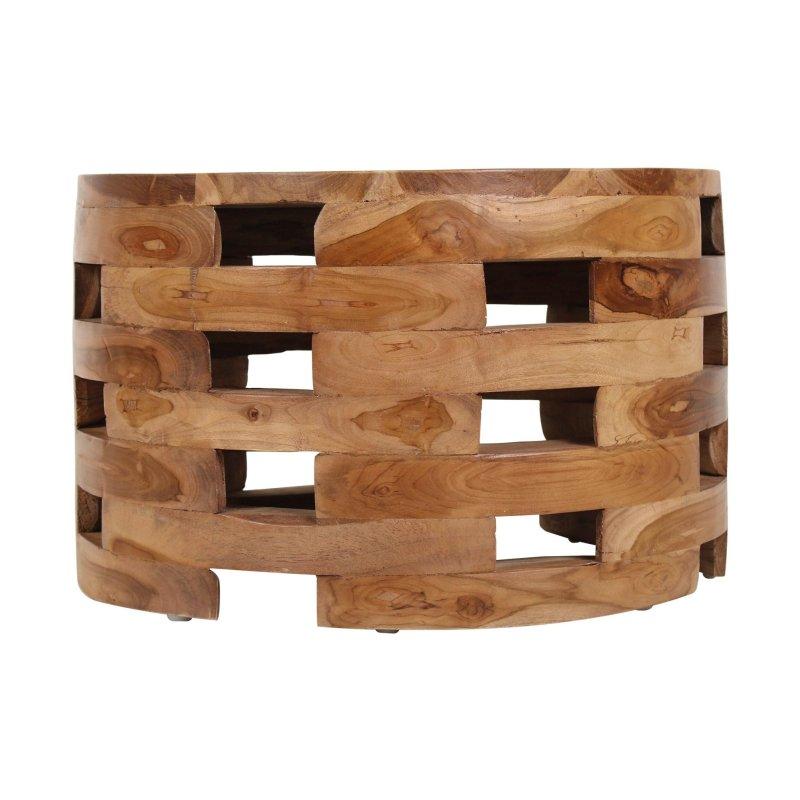 Doğal Kahverengi Masif Tik Ağacı Tambur Tasarım Yuvarlak Orta Sehpa - 61x39 cm - 241747