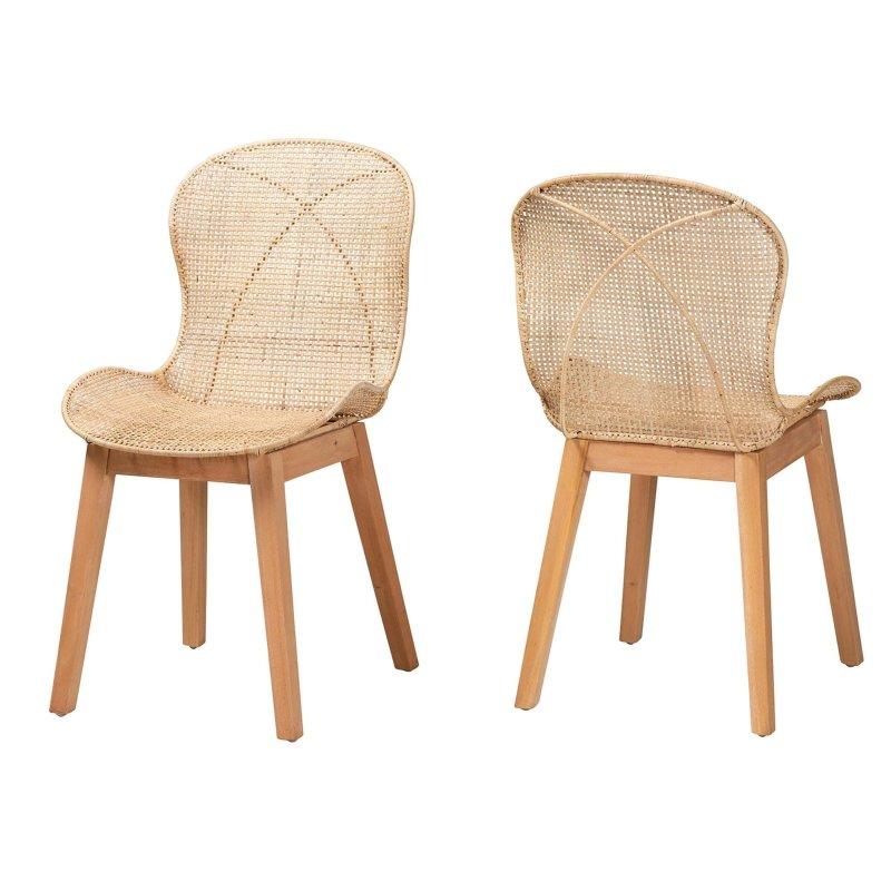 Doğal Kahverengi Maun Ahşap Japandi Tarzı 2li Set Rattan Sandalye - 49x56x88 cm - 252447
