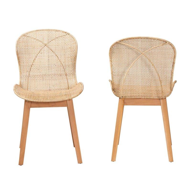 Doğal Kahverengi Maun Ahşap Japandi Tarzı 2li Set Rattan Sandalye - 49x56x88 cm - 252447