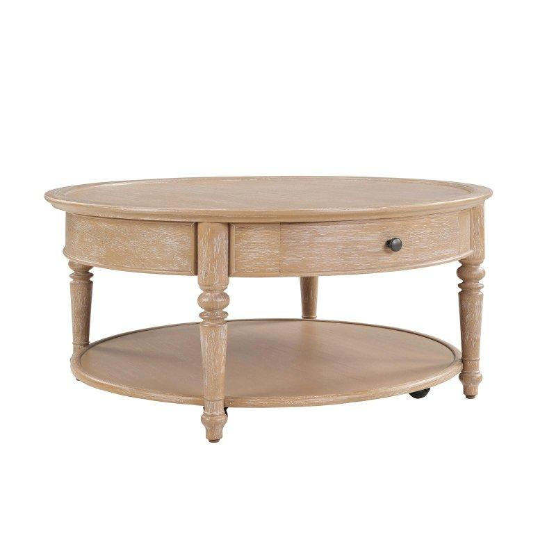Doğal Kahverengi MDF ve Kauçuk Ağacı Çekmeceli Tekerlekli Yuvarlak Orta Sehpa - Ø101 cm - 243353