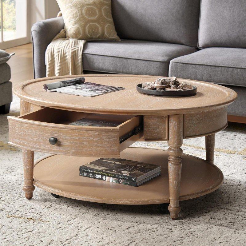 Doğal Kahverengi MDF ve Kauçuk Ağacı Çekmeceli Tekerlekli Yuvarlak Orta Sehpa - Ø101 cm - 243353