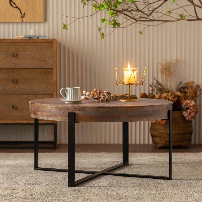 Doğal Köknar Ağacı ve Metal Retro Tasarım Çapraz Ayaklı Yuvarlak Orta Sehpa - 89x45 cm - 240619