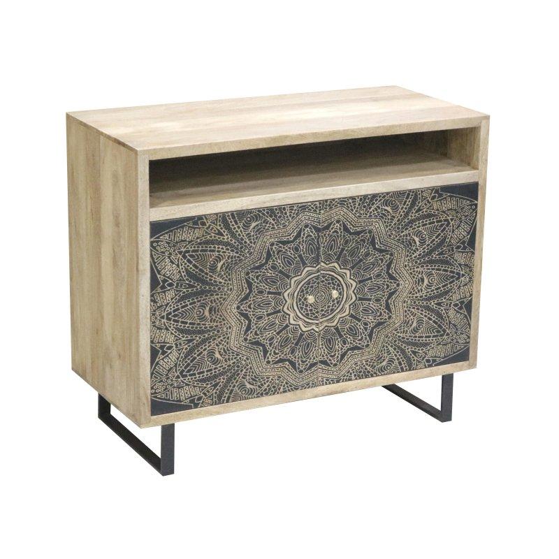 Doğal Masif Ahşap 3 Raflı Desenli Siyah Kızak Ayaklı Bohem Konsol - 87x41x72 cm - 325084