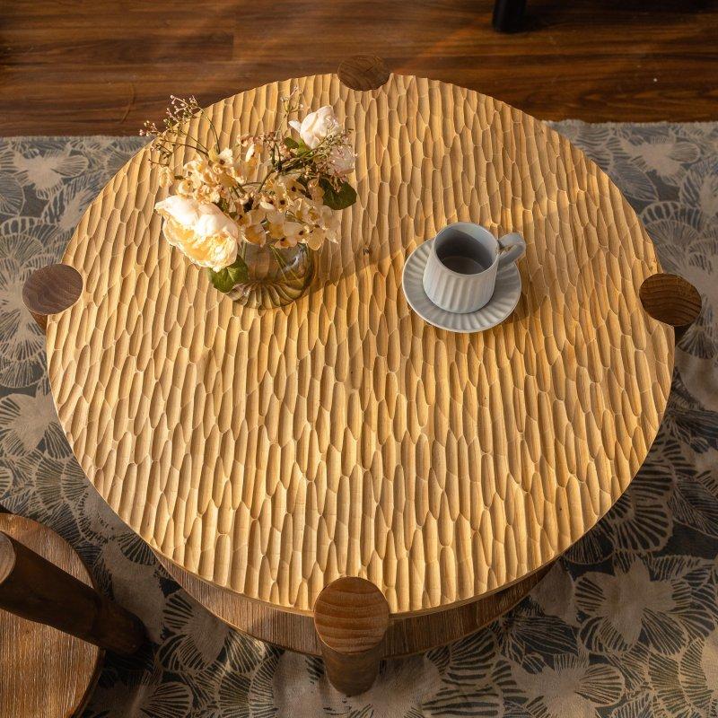 Doğal Masif Ahşap Ayaklı MDF Tablalı Çift Raflı Yuvarlak Orta Sehpa - 89x48 cm - 241721