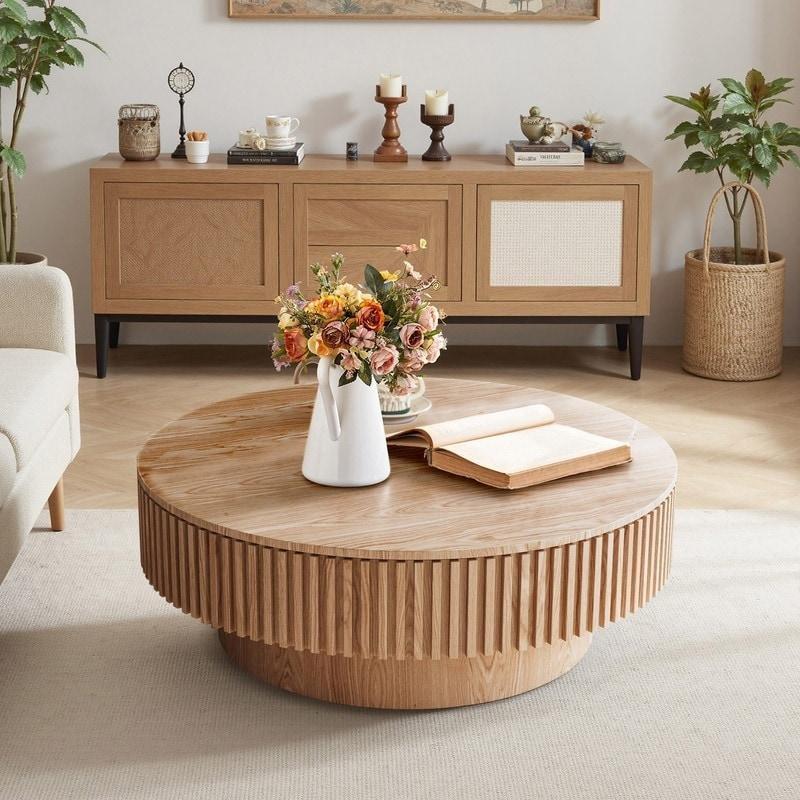 Doğal Masif Ahşap Kaplama Açılır Üst Kapaklı Depolamalı Yuvarlak Orta Sehpa - 92x46 cm - 242750