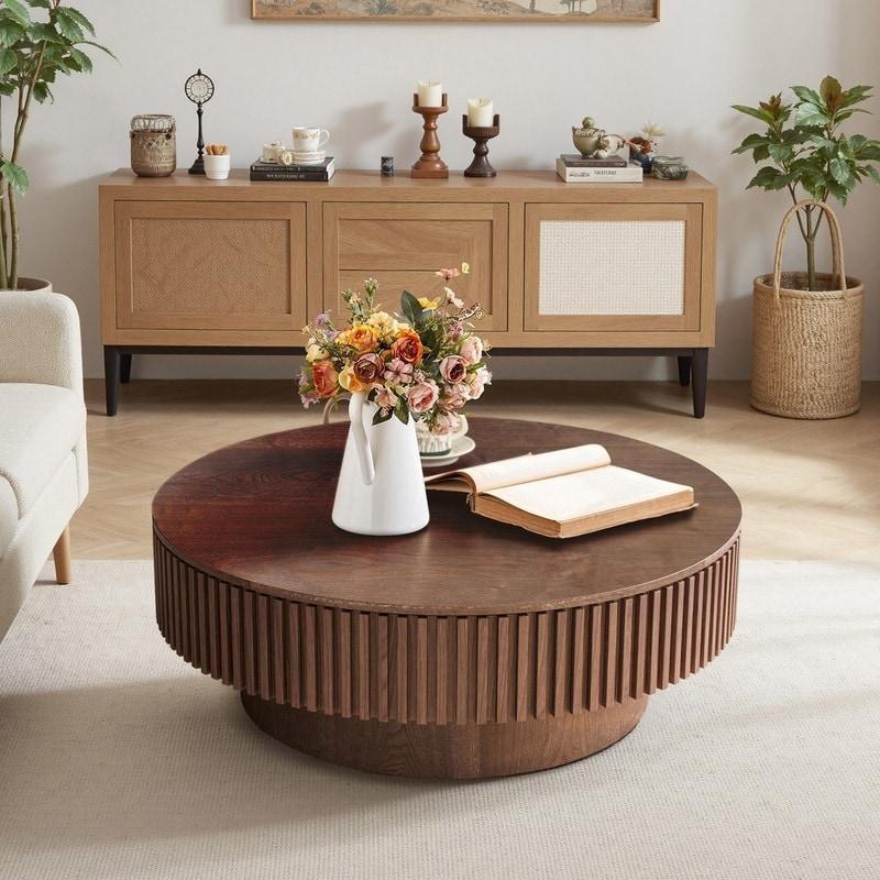 Doğal Masif Ahşap Kaplama Açılır Üst Kapaklı Depolamalı Yuvarlak Orta Sehpa - 92x46 cm - 242750