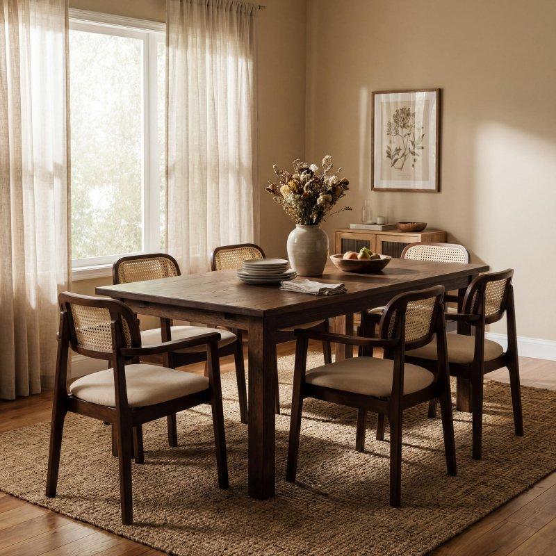 Doğal Masif Ahşap Kolçaklı Kumaş Döşemeli 6lı Rattan Sandalye - 253319