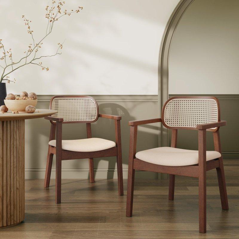 Doğal Masif Ahşap Kolçaklı Kumaş Döşemeli 6lı Rattan Sandalye - 253319