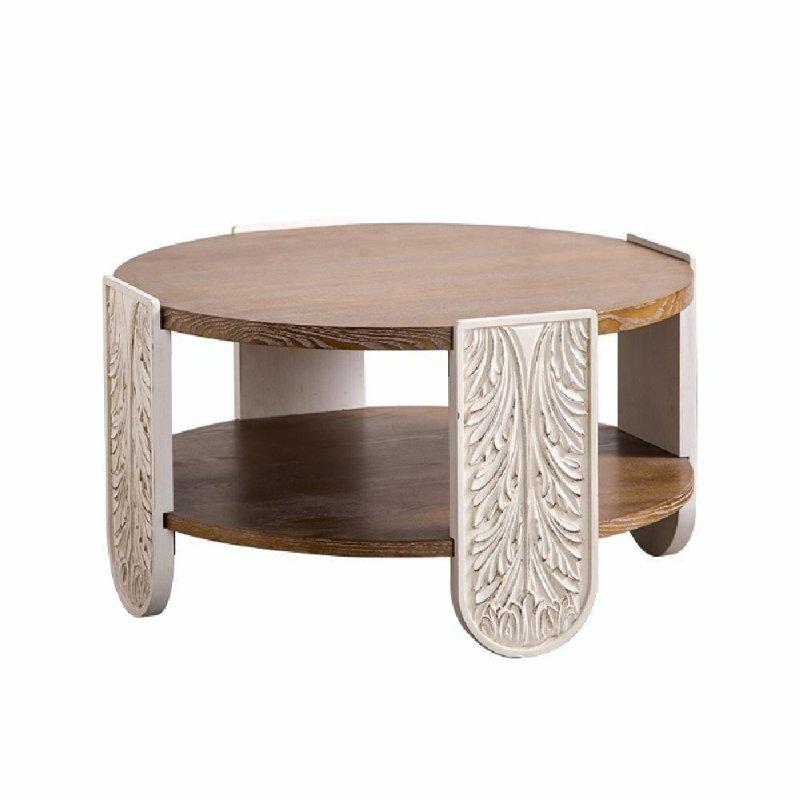 Doğal Masif Ahşap Oymalı Çift Katlı Raflı Yuvarlak Orta Sehpa - 81x45 cm - 241881