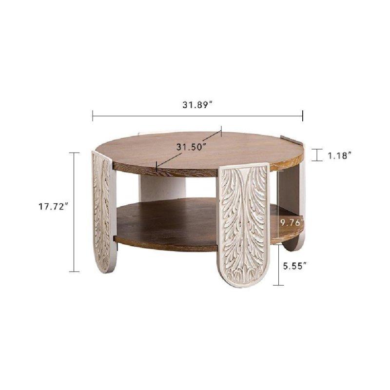 Doğal Masif Ahşap Oymalı Çift Katlı Raflı Yuvarlak Orta Sehpa - 81x45 cm - 241881