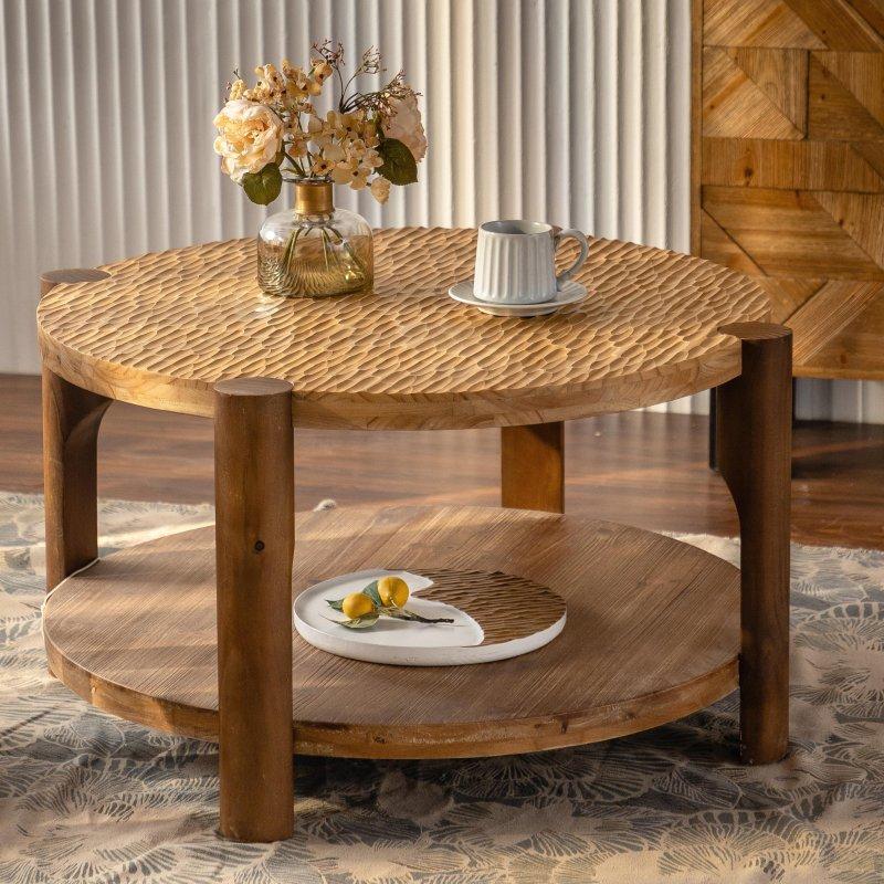 Doğal Masif Ahşap ve MDF Raflı Yuvarlak Orta Sehpa - 88 cm - 241289