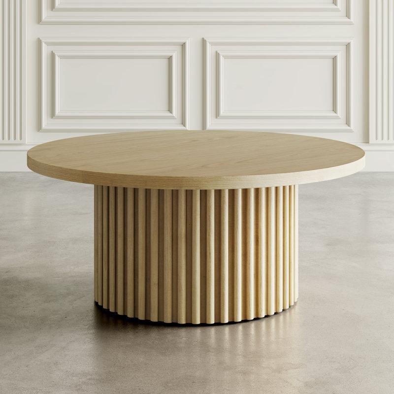 Doğal Masif Ahşap ve MDF Yivli Kaide Ayaklı Gizli Tekerlekli Yuvarlak Orta Sehpa - 102 cm - 245665