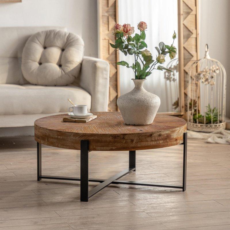 Doğal Masif Ahşap ve Metal Çapraz Ayaklı Yuvarlak Orta Sehpa - 81x81 cm - 240183