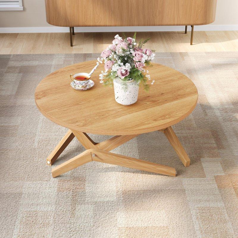 Doğal Masif Ahşap Yüksekliği Ayarlanabilir 2si 1 Arada Yuvarlak Orta Sehpa - 88 cm - 241505