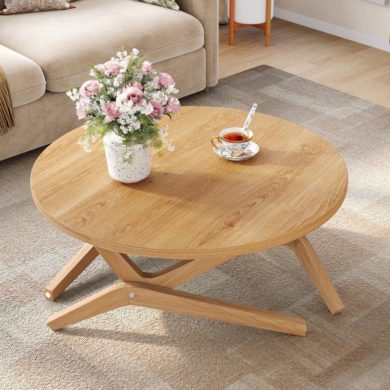 Doğal Masif Ahşap Yüksekliği Ayarlanabilir 2si 1 Arada Yuvarlak Orta Sehpa - 88 cm - 241505