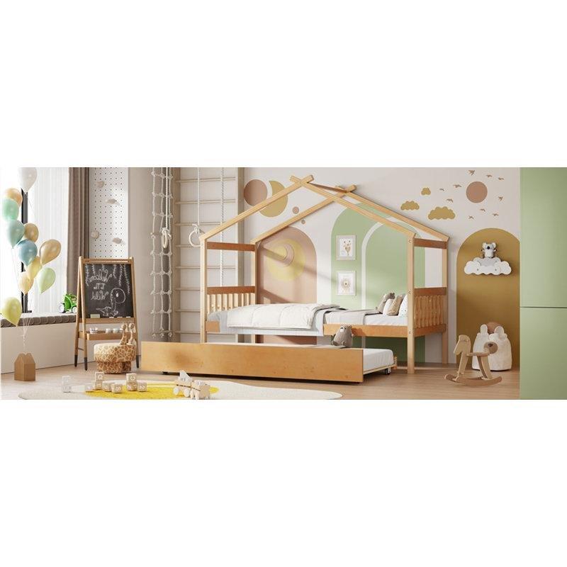 Doğal Masif Çam Ağacı Ev Şeklinde Yavru Yataklı Karyola - 205x106 cm - 329471