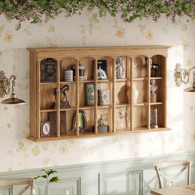 Doğal Masif Çam Ağacı Kemerli Tasarım 21 Bölmeli Duvara Monte Kitaplık - 140x80x21 cm - 314914