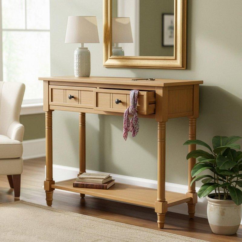Doğal Masif Çam ve MDF 2 Çekmeceli Raflı Oymalı Dresuar - 91x35x77 cm - 331252