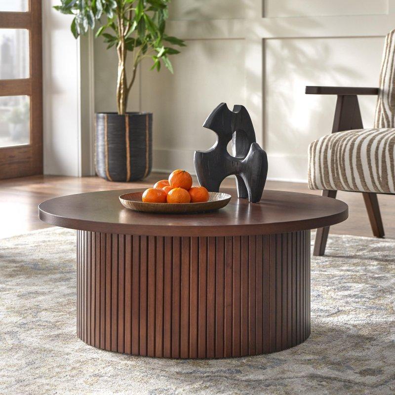 Doğal Masif Kauçuk Ağacı ve MDF Yivli Yuvarlak Orta Sehpa - 81 cm - 243637