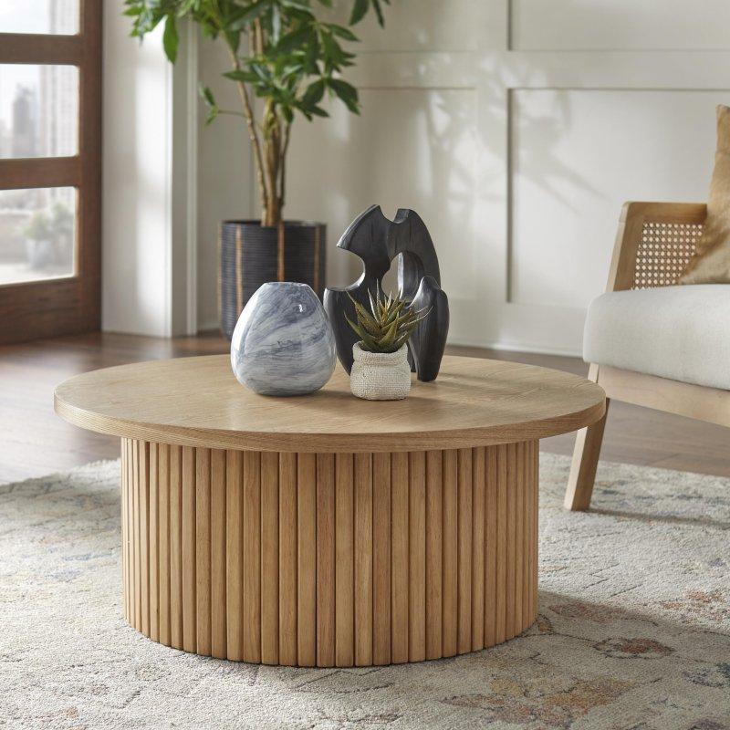 Doğal Masif Kauçuk Ağacı ve MDF Yivli Yuvarlak Orta Sehpa - 81 cm - 243637