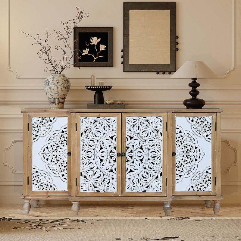 Doğal Masif Köknar ve MDF Oymalı 4 Kapaklı Ayarlanabilir Raflı Bohem Konsol - 161x41x85 cm - 324963